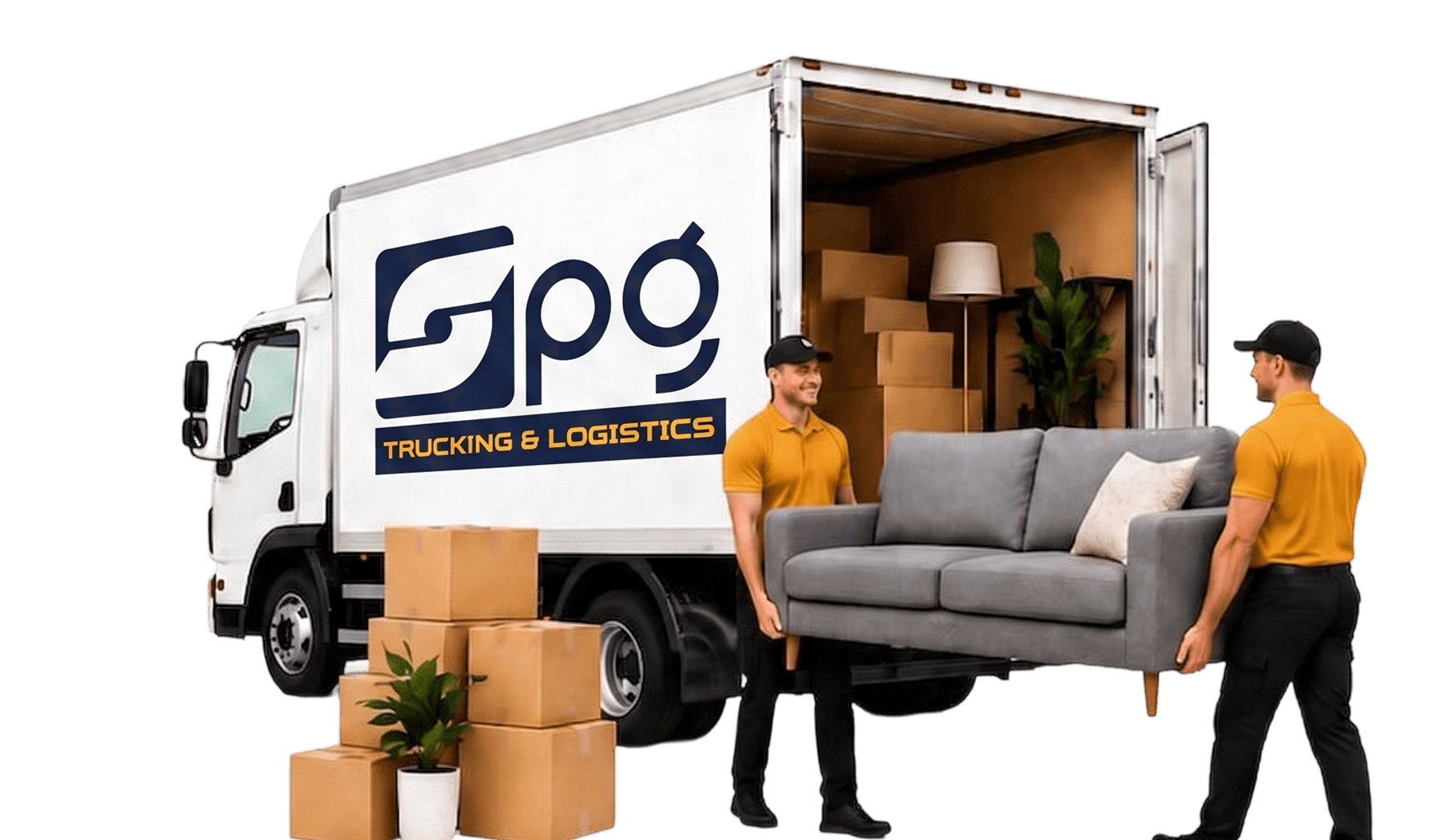 SPG crew unloading a sofa from a branded moving truck