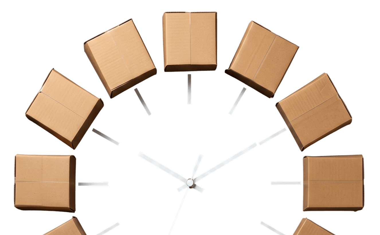 Clock face made of cardboard moving boxes