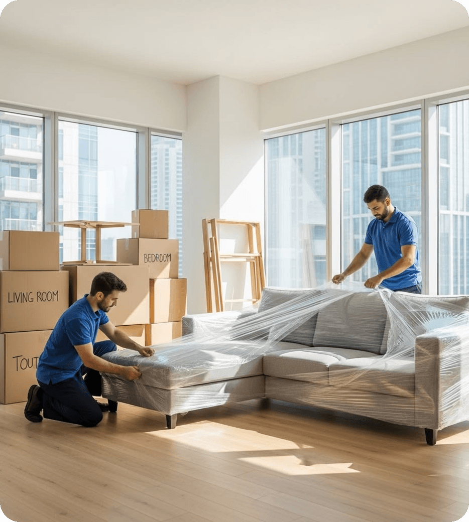 SPG movers wrapping furniture for a residential move