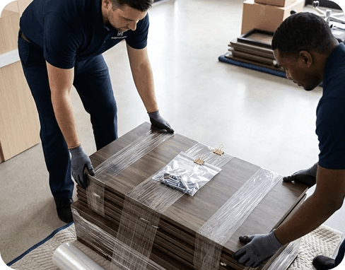 SPG movers packing furniture on a work blanket