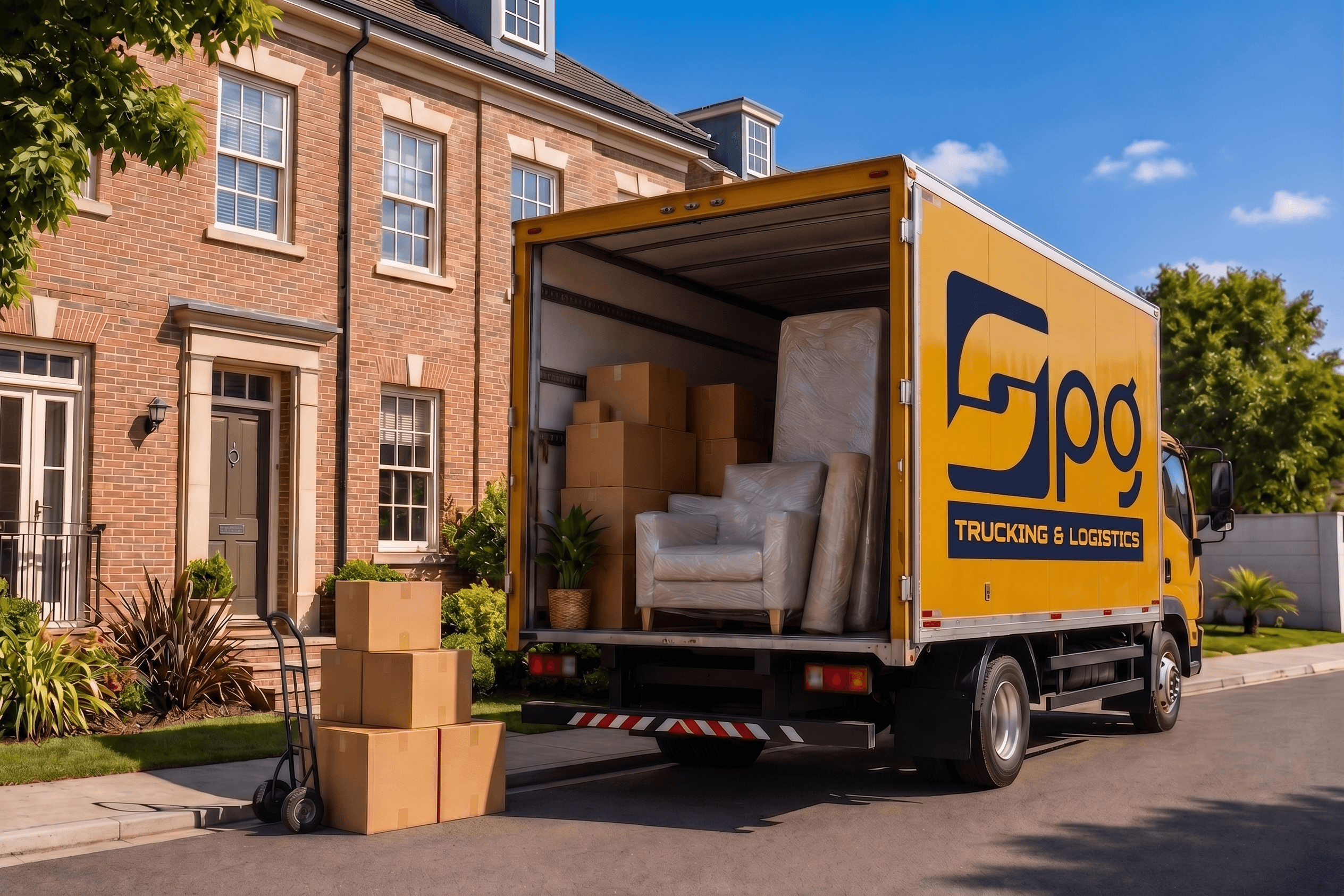 SPG box truck loaded with moving boxes and furniture at a residential stop