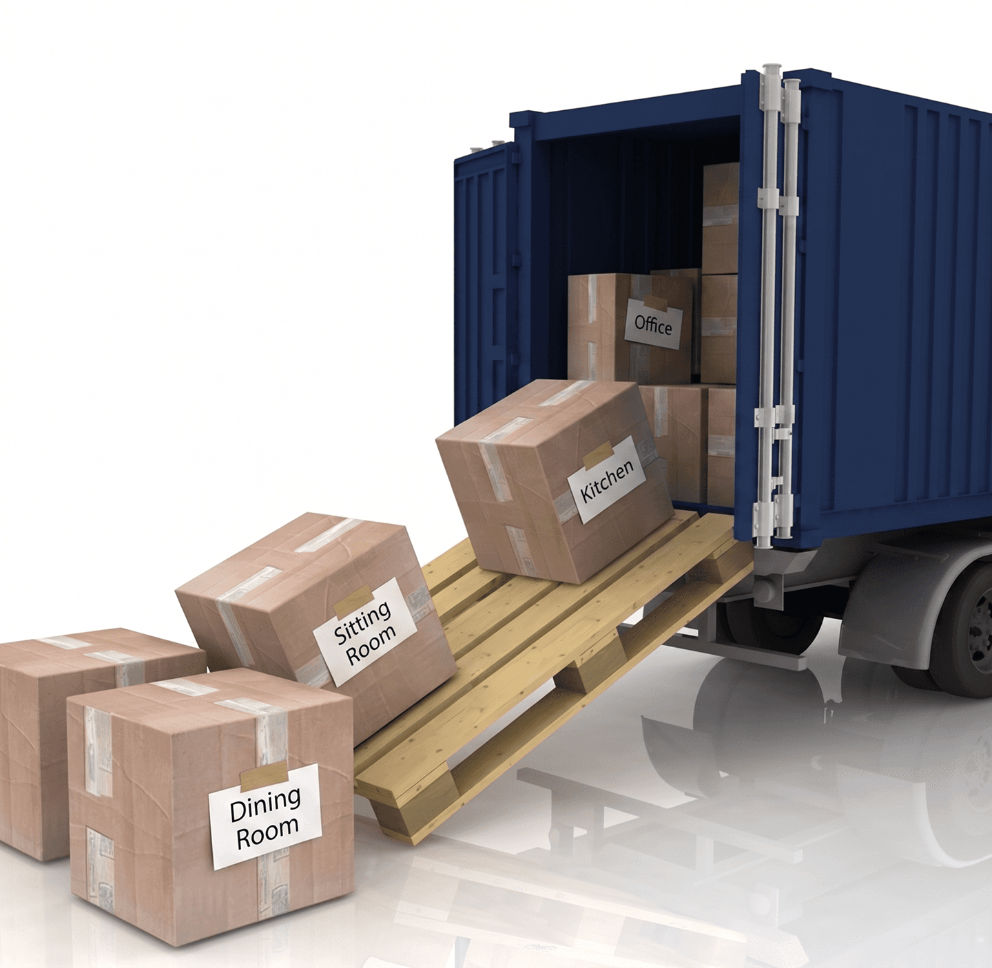 SPG moving truck with labeled relocation boxes ready for transport